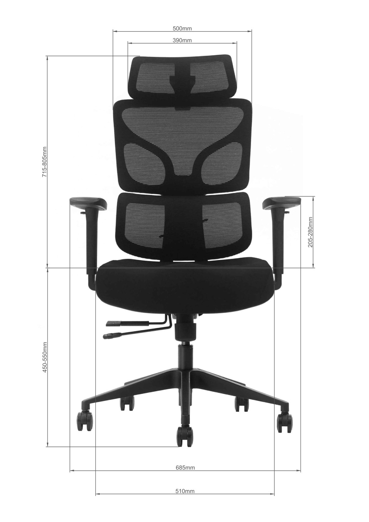 Wymiary fotela ERGONAUT BIONIC - widok przód